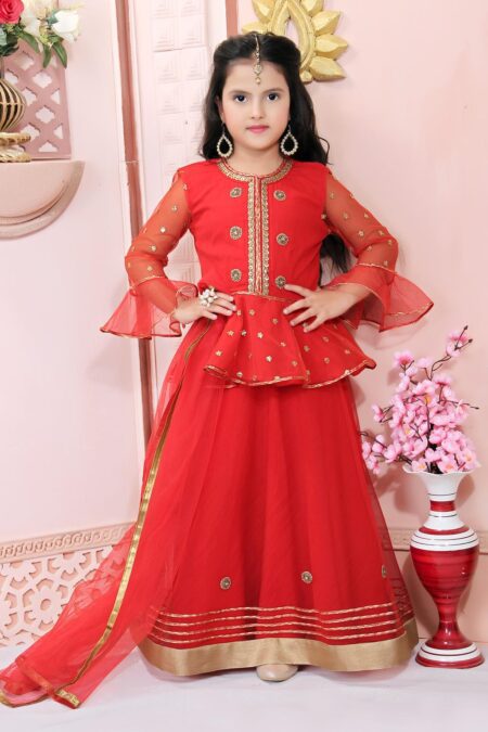 Red Embroidered Net Lehenga Choli With Dupatta - Image 2