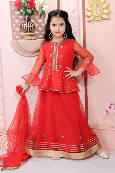 Nikhaar Creations Red Net Peplum Choli together With Embroidered Net Semi Bell Sleeves. And Peplum Embroidery Around Neck And Front Of Choli. Worn With Red Lehenga, Gold Tissue Brocade And Tissue In The Hemline Of The Peplum And Lehenga together With Red Net Dupatta. Having Gold Borders Around It.