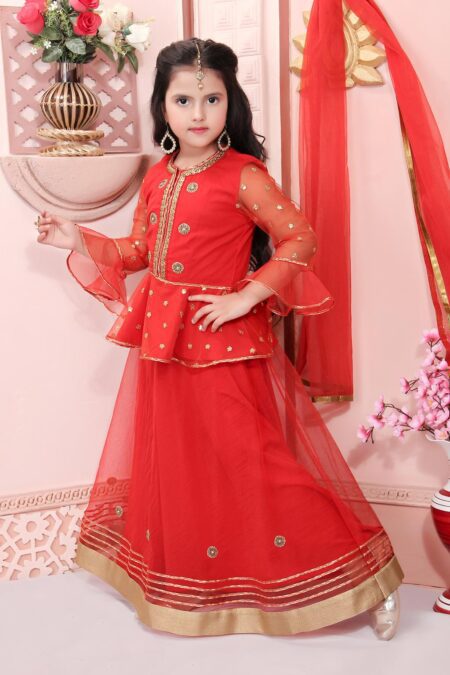 Red Embroidered Net Lehenga Choli With Dupatta - Image 3