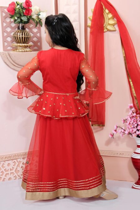 Red Embroidered Net Lehenga Choli With Dupatta - Image 5