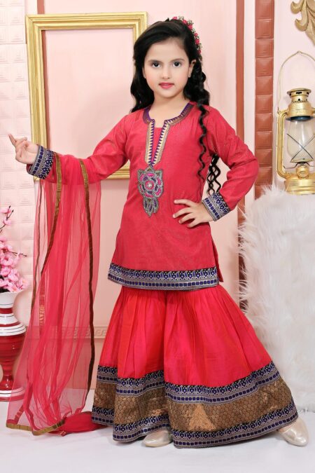 Pink Embroidered Shimmer Sharara Kurta Dupatta