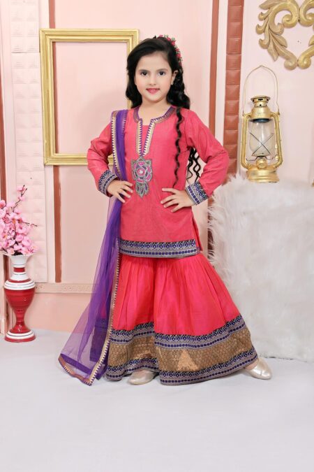 Pink Embroidered Shimmer Sharara Kurta Dupatta - Image 2