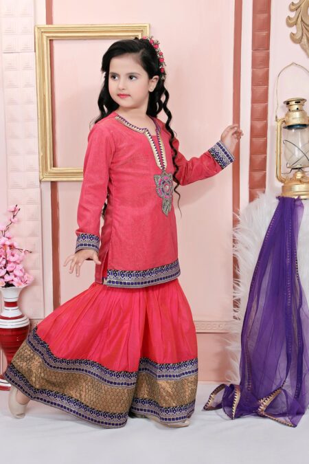 Pink Embroidered Shimmer Sharara Kurta Dupatta - Image 3