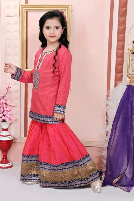 Pink Embroidered Shimmer Sharara Kurta Dupatta - Image 4