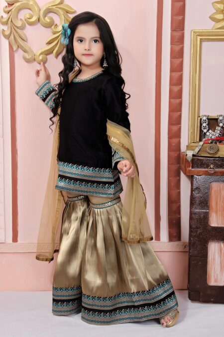 Black Embroidered Straight Sharara Kurta with Dupatta - Image 3