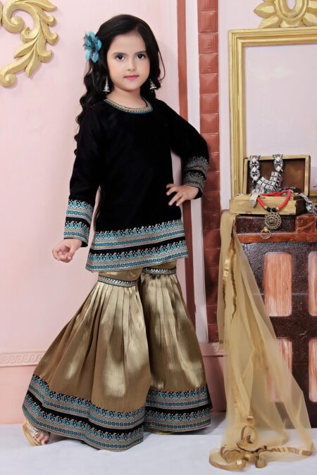 Black Embroidered Straight Sharara Kurta with Dupatta - Image 4