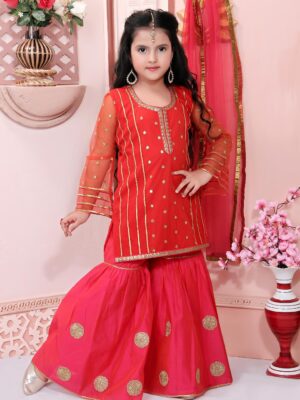 Nikhaar Creations Red Embroidered Net Short Kurta with gota patti detailing on front and sleeves. Worn with Pink Chanderi Silk Sharara and Red Net Dupatta with gold detailing on the edges.