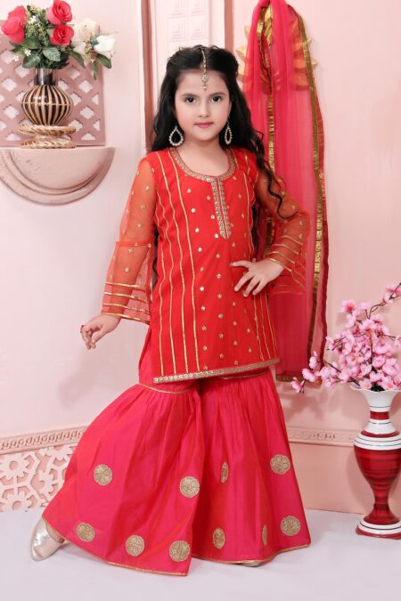 Nikhaar Creations Red Embroidered Net Short Kurta with gota patti detailing on front and sleeves. Worn with Pink Chanderi Silk Sharara and Red Net Dupatta with gold detailing on the edges.