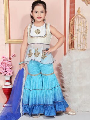 Buy Small Girls Kids Off White Lehenga Online | Nikhaar Creations Off White Silk Georgette Sleeveless Short Kurti With Embroidery On Neckline
