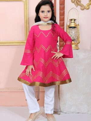 Buy Kids Salwar Kameez | Nikhaar Creations Kids Rani Pink Cotton Silk Kalidaar Mid Length Kurta With White American Crepe Cigarette Pants.