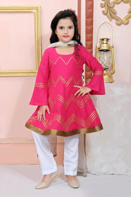 Buy Kids Salwar Kameez | Nikhaar Creations Kids Rani Pink Cotton Silk Kalidaar Mid Length Kurta With White American Crepe Cigarette Pants.