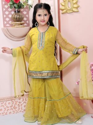 Kids Lime Gold Sequin Embroidered Net Short Kurti With Gold Embroidered Net Sharara. Embroidered Placket Below Neck Line And Gold Borders With Brocade On Neck Hemline Of Kurta And Hemline Of Sharara.