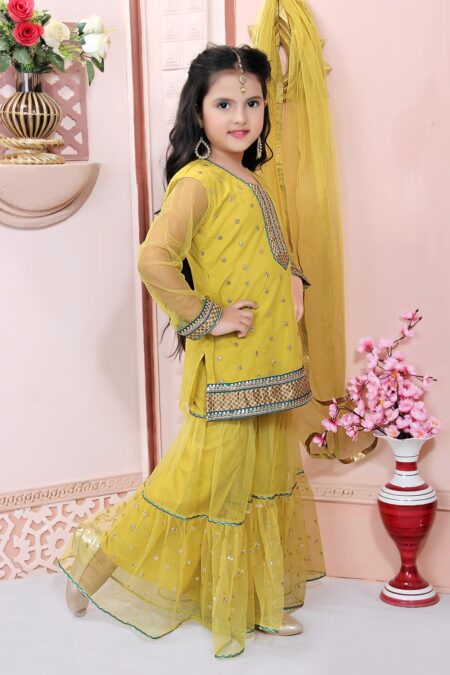 Yellow Embroidered Net Sharara With Kurta & Dupatta - Image 2