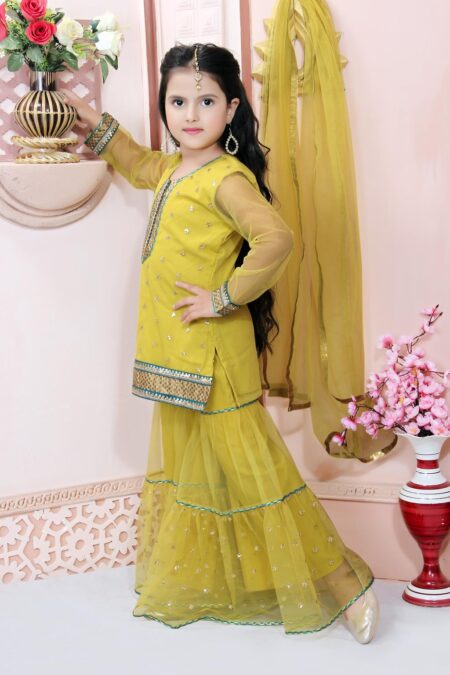 Yellow Embroidered Net Sharara With Kurta & Dupatta - Image 3