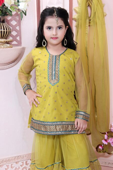 Yellow Embroidered Net Sharara With Kurta & Dupatta - Image 4