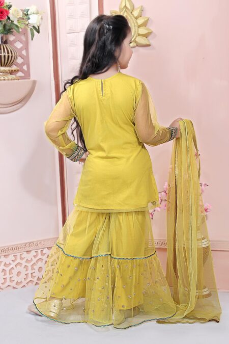 Yellow Embroidered Net Sharara With Kurta & Dupatta - Image 5