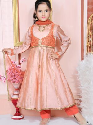 Peach Embroidered chanderi silk Anarkali | Buy Anarkali For Kids Online