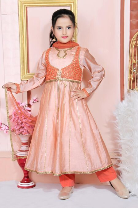 Peach Embroidered chanderi silk Anarkali | Buy Anarkali For Kids Online