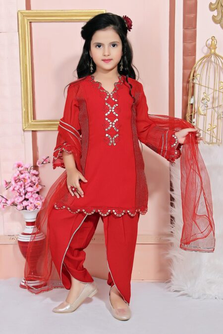 Red Embroidered Faux Georgette Tulip Pants Kurta Dupatta