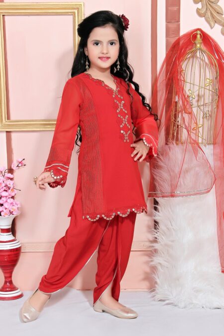 Red Embroidered Faux Georgette Tulip Pants Kurta Dupatta - Image 2