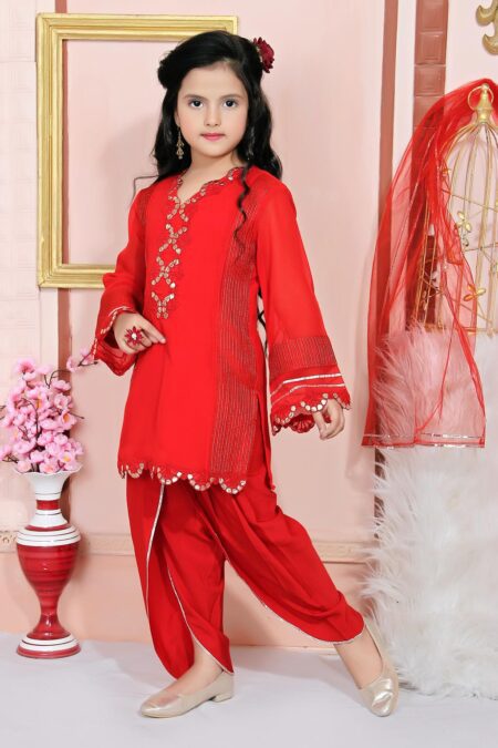 Red Embroidered Faux Georgette Tulip Pants Kurta Dupatta - Image 3