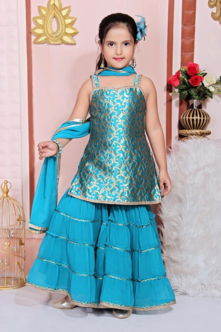 Nikhaar Creations Kids Turquoise Blue Jacquard Short Kurta with Lace Detailing on the straps and hemline. Worn with four tiered sharara with lace detailing on each tier.