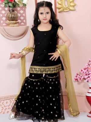 Buy Girls Dresses Online | Nikhaar Creations Kids Black Cotton Kurti With Gold Diamonds Sprinkled On Kurta & golden Embroidery on hemline