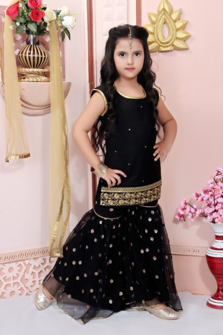 Black Embroidered Cotton Silk Sharara Kurta Dupatta - Image 3