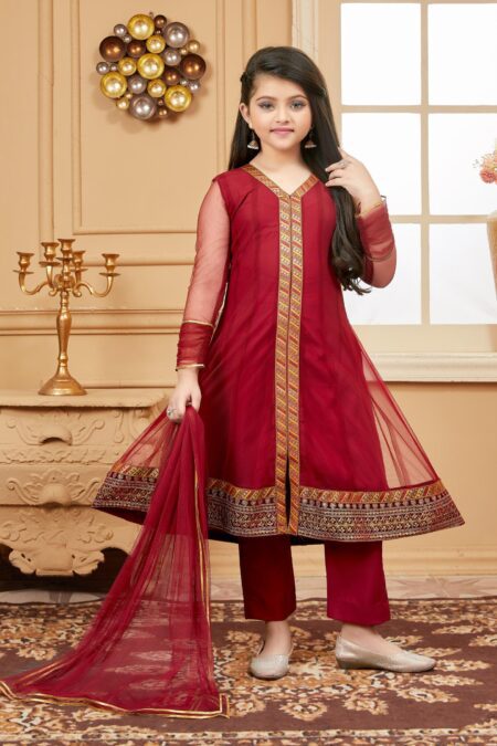 Maroon Embroidered Net A Line Kids Salwar Suits