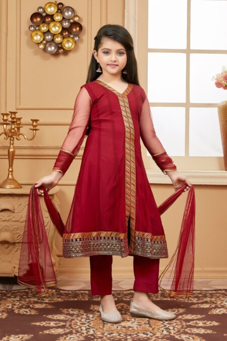 Maroon Embroidered Net A Line Kids Salwar Suits - Image 3