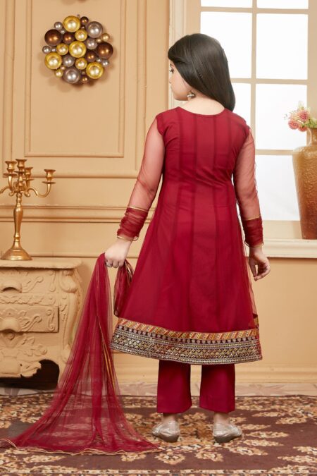 Maroon Embroidered Net A Line Kids Salwar Suits - Image 4