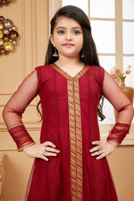 Maroon Embroidered Net A Line Kids Salwar Suits - Image 5