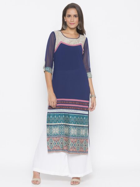 Nikhaar Creations Dark Navy Blue Crepe Printed Straight Kurta Set