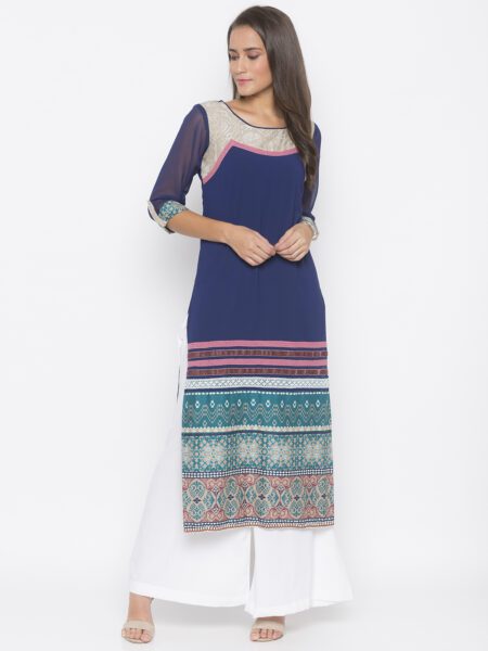 Nikhaar Creations Dark Navy Blue Crepe Printed Straight Kurta Set - Image 2