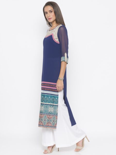 Nikhaar Creations Dark Navy Blue Crepe Printed Straight Kurta Set - Image 3