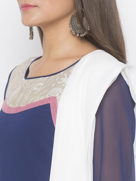 Dark Navy Blue Printed American Crepe Straight Palazzo Kurta Dupatta - Image 5