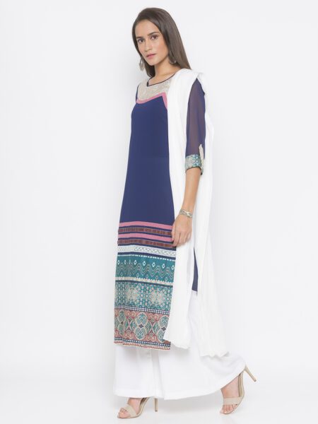 Dark Navy Blue Printed American Crepe Straight Palazzo Kurta Dupatta - Image 3