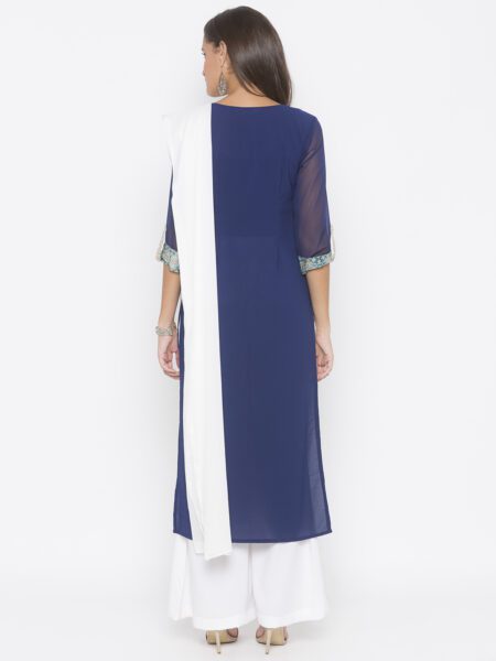 Dark Navy Blue Printed American Crepe Straight Palazzo Kurta Dupatta - Image 4