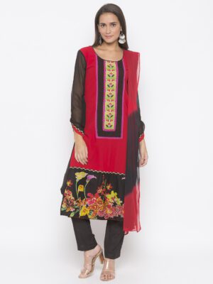 Nikhaar Creations Red Embroidered American Crepe Straight Trouser Kurta Dupatta