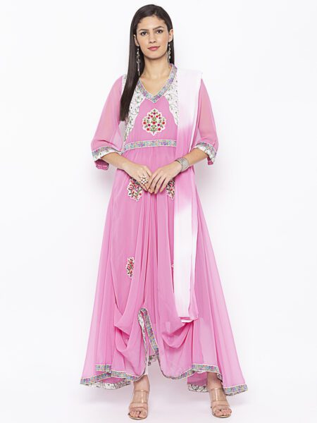 Nikhaar Creations Baby Pink Embroidered Georgette  Asymmetrical  Trouser Kurta Dupatta