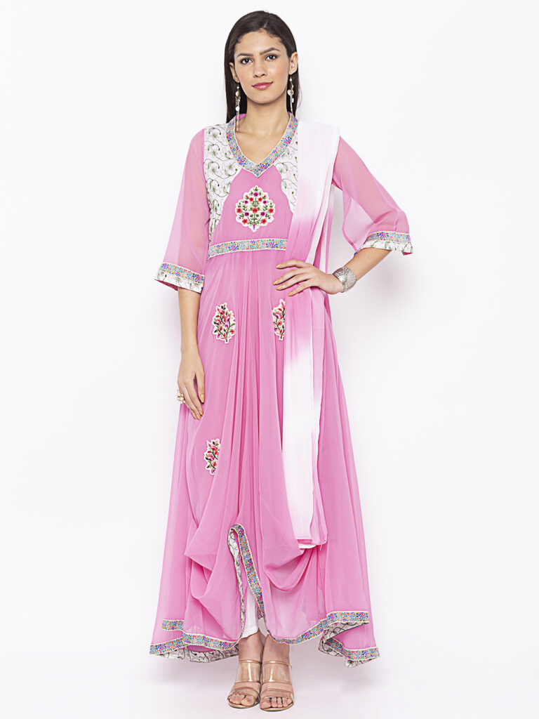 Women Dusty Pink Fox Georgette Embroidery Work Kurta Set With Dupatta