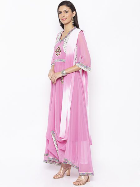 Nikhaar Creations Baby Pink Embroidered Georgette  Asymmetrical  Trouser Kurta Dupatta - Image 3