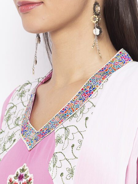 Nikhaar Creations Baby Pink Embroidered Georgette  Asymmetrical  Trouser Kurta Dupatta - Image 5