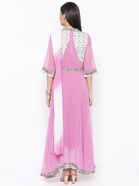 Nikhaar Creations Baby Pink Embroidered Georgette  Asymmetrical  Trouser Kurta Dupatta - Image 4