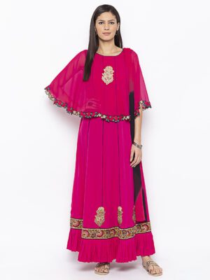 Nikhaar Creations Pink Embroidered Crepe Asymmetrical Trouser Kurta Dupatta