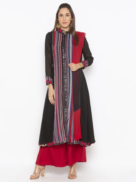 Nikhaar Creations Black Stripes Print Georgette A Line Palazzo Kurta Dupatta