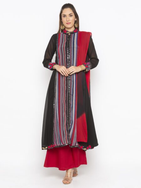 Nikhaar Creations Black Stripes Print Georgette A Line Palazzo Kurta Dupatta - Image 2