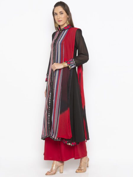 Nikhaar Creations Black Stripes Print Georgette A Line Palazzo Kurta Dupatta - Image 3