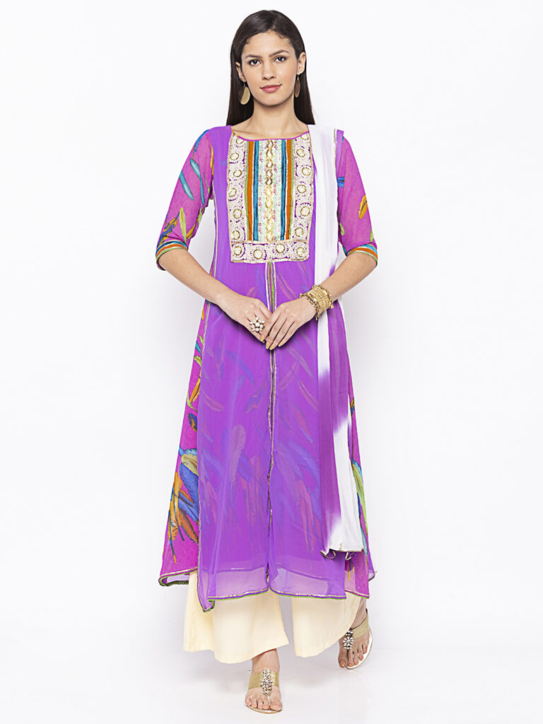 Nikhaar Creations Purple Embroidered Georgette A Line Palazzo Kurta Dupatta Womens Ethnic 1173