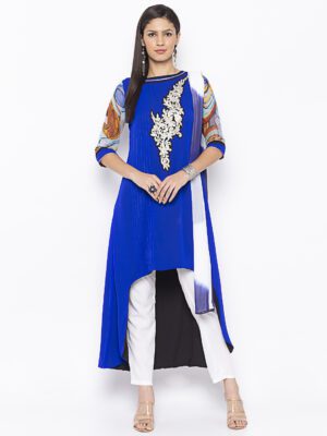 Nikhaar Creations Royal Blue Embroidered Georgette Asymmetrical Trouser Kurta Dupatta